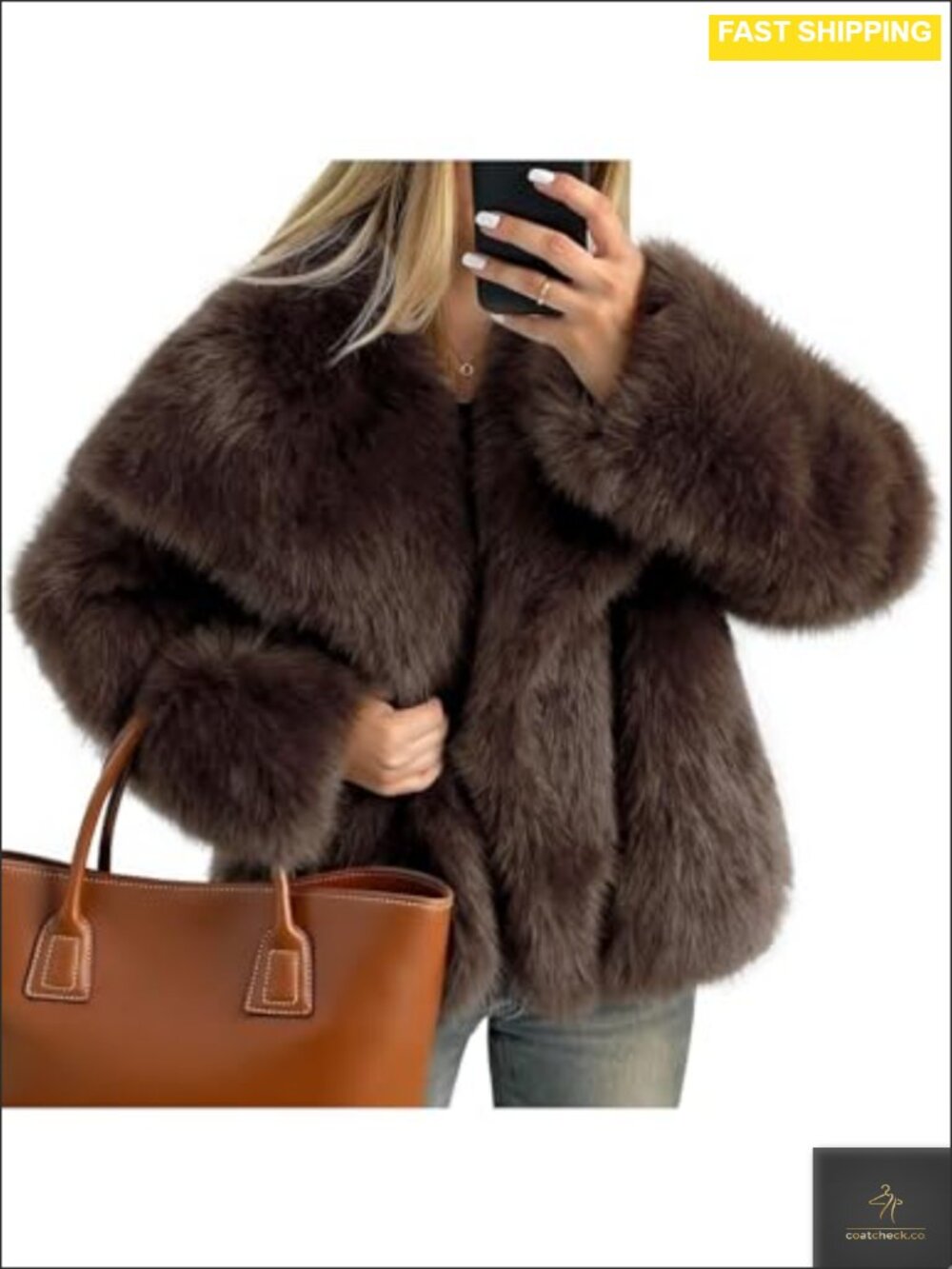 Women Faux Fur Coat Lapel Collar Shaggy Warm Fluffy Cropped Jacket